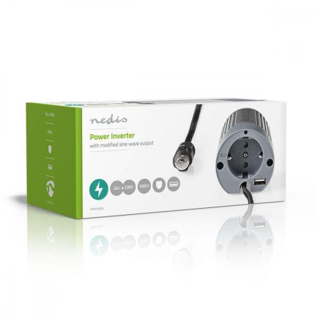 Inverter módosult szinuszhullám | Bemeneti feszültség: 24 V DC | Eszköz táp kimeneti csatlaakozó(k): Type F (CEE 7/3) | 230 V AC 50 Hz | 100 W | Kimenő csúcs teljesítmény: 200 W | Szivargyújtó Csatlakozó | Ezüst