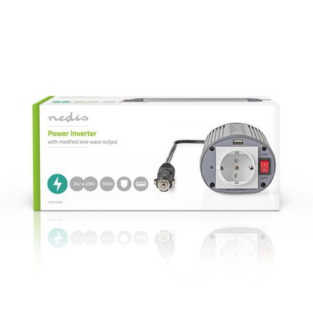 Inverter módosult szinuszhullám | Bemeneti feszültség: 24 V DC | Eszköz táp kimeneti csatlaakozó(k): Type F (CEE 7/3) / USB-A | 230 V AC 50 Hz | 150 W | Kimenő csúcs teljesítmény: 300 W | Szivargyújtó Csatlakozó | Ezüst