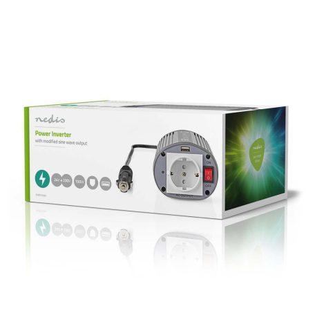 Inverter módosult szinuszhullám | Bemeneti feszültség: 24 V DC | Eszköz táp kimeneti csatlaakozó(k): Type F (CEE 7/3) / USB-A | 230 V AC 50 Hz | 150 W | Kimenő csúcs teljesítmény: 300 W | Szivargyújtó Csatlakozó | Ezüst