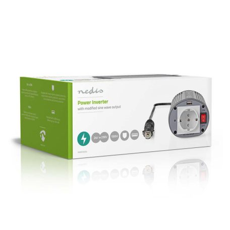 Inverter módosult szinuszhullám | Bemeneti feszültség: 24 V DC | Eszköz táp kimeneti csatlaakozó(k): Type F (CEE 7/3) / USB-A | 230 V AC 50 Hz | 150 W | Kimenő csúcs teljesítmény: 300 W | Szivargyújtó Csatlakozó | Ezüst