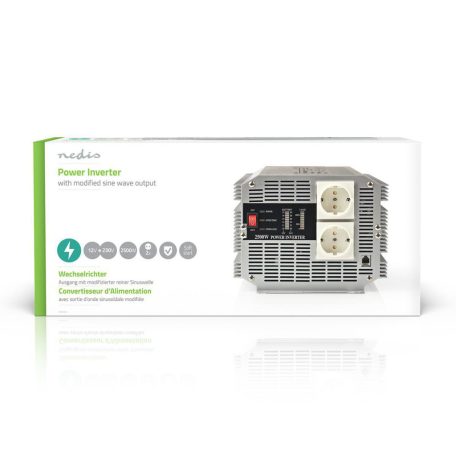 Inverter módosult szinuszhullám | Bemeneti feszültség: 12 V DC | Eszköz táp kimeneti csatlaakozó(k): Type F (CEE 7/3) | 230 V AC 50 Hz | 2500 W | Kimenő csúcs teljesítmény: 5000 W | Csavaros Kapocs | Ezüst