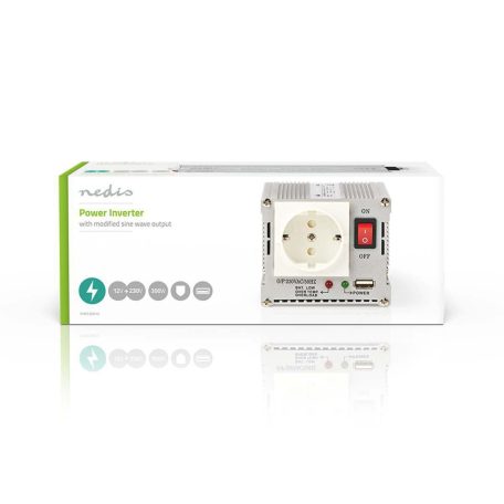 Inverter módosult szinuszhullám | Bemeneti feszültség: 12 V DC | Eszköz táp kimeneti csatlaakozó(k): Type F (CEE 7/3) / USB-A | 230 V AC 50 Hz | 300 W | Kimenő csúcs teljesítmény: 600 W | Akkumulátorsaruk + Szivargyújtó | Ezüst