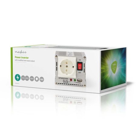 Inverter módosult szinuszhullám | Bemeneti feszültség: 12 V DC | Eszköz táp kimeneti csatlaakozó(k): Type F (CEE 7/3) / USB-A | 230 V AC 50 Hz | 300 W | Kimenő csúcs teljesítmény: 600 W | Akkumulátorsaruk + Szivargyújtó | Ezüst