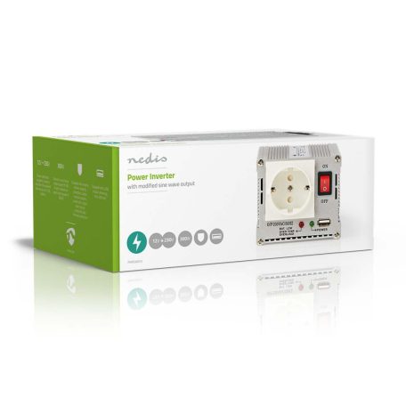 Inverter módosult szinuszhullám | Bemeneti feszültség: 12 V DC | Eszköz táp kimeneti csatlaakozó(k): Type F (CEE 7/3) / USB-A | 230 V AC 50 Hz | 300 W | Kimenő csúcs teljesítmény: 600 W | Akkumulátorsaruk + Szivargyújtó | Ezüst