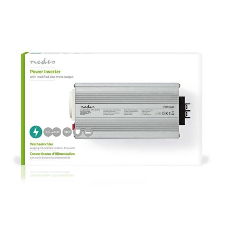 Inverter módosult szinuszhullám | Bemeneti feszültség: 12 V DC | Eszköz táp kimeneti csatlaakozó(k): Type F (CEE 7/3) / USB-A | 230 V AC 50 Hz | 300 W | Kimenő csúcs teljesítmény: 600 W | Akkumulátorsaruk + Szivargyújtó | Ezüst