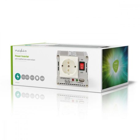 Inverter módosult szinuszhullám | Bemeneti feszültség: 24 V DC | Eszköz táp kimeneti csatlaakozó(k): Type F (CEE 7/3) / USB-A | 230 V AC 50 Hz | 300 W | Kimenő csúcs teljesítmény: 600 W | Akkumulátorsaruk + Szivargyújtó | Ezüst