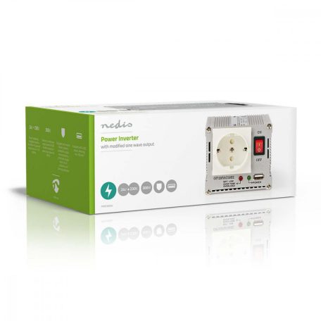 Inverter módosult szinuszhullám | Bemeneti feszültség: 24 V DC | Eszköz táp kimeneti csatlaakozó(k): Type F (CEE 7/3) / USB-A | 230 V AC 50 Hz | 300 W | Kimenő csúcs teljesítmény: 600 W | Akkumulátorsaruk + Szivargyújtó | Ezüst
