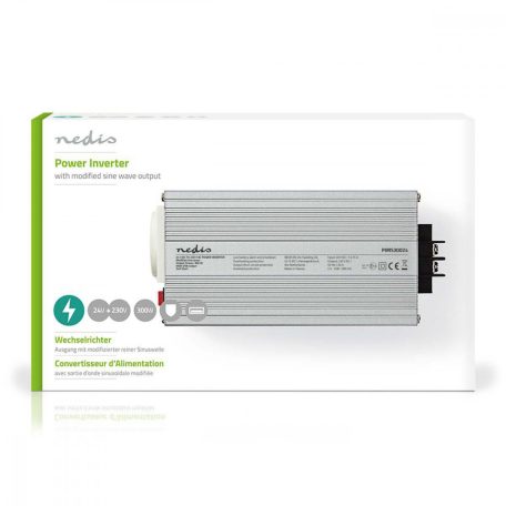 Inverter módosult szinuszhullám | Bemeneti feszültség: 24 V DC | Eszköz táp kimeneti csatlaakozó(k): Type F (CEE 7/3) / USB-A | 230 V AC 50 Hz | 300 W | Kimenő csúcs teljesítmény: 600 W | Akkumulátorsaruk + Szivargyújtó | Ezüst