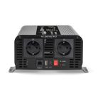 Inverter tiszta szinuszos | Bemeneti feszültség: 12 V DC | Eszköz táp kimeneti csatlaakozó(k): Type F (CEE 7/3) / USB-A / USB-C™ | 230 V AC 50 Hz | 1000 W | Kimenő csúcs teljesítmény: 2000 W | Csavaros Kapocs | Tiszta Szinusz Hullám | Biztosíték | Fekete