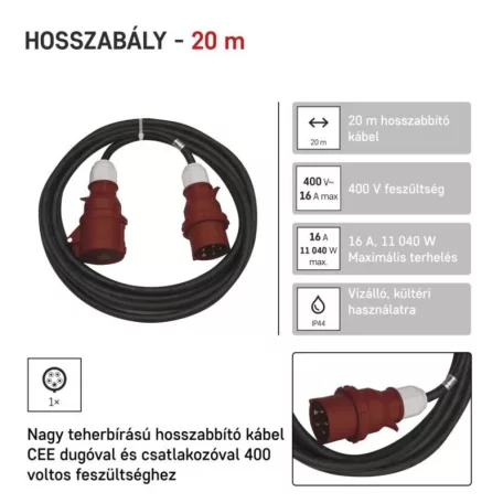 3 fázisú kültéri hosszabbító 20 m / 1 aljzat / fekete / gumi / 400 V / 2,5 mm2