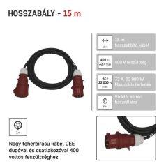   3 fázisú kültéri hosszabbító 15 m / 1 aljzat / fekete / gumi / 400 V / 4 mm2