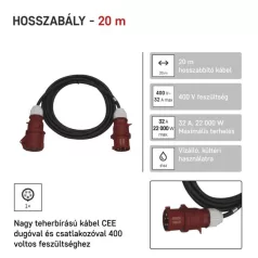   3 fázisú kültéri hosszabbító 20 m / 1 aljzat / fekete / gumi / 400 V / 4 mm2