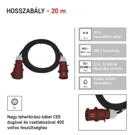 3 fázisú kültéri hosszabbító 20 m / 1 aljzat / fekete / gumi / 400 V / 4 mm2