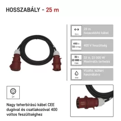   3 fázisú kültéri hosszabbító 25 m / 1 aljzat / fekete / gumi / 400 V / 4 mm2