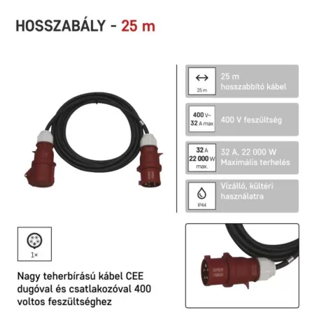 3 fázisú kültéri hosszabbító 25 m / 1 aljzat / fekete / gumi / 400 V / 4 mm2
