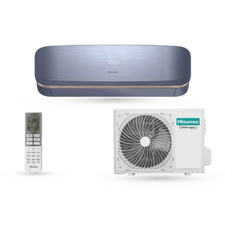 Hisense Fresh Air blue, okos Hűtő-fűtő klíma szellőztetés funkcióval szál csiszolt kék beltérivel, prémium Fresh Master QJ35XJ3B/AS35XJ3EW 3,5 kW split klíma tiszta levegő funkció, szénmonoxid mérő, wifi-s, scop 4,6 seer 8,5