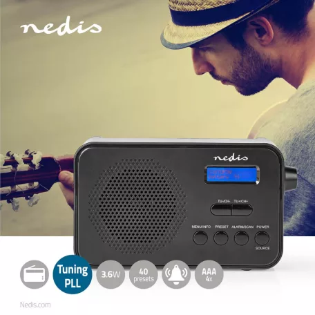 DAB+ Rádió | Hordozható kivitel | DAB+ / FM | 1.3 " | Fekete Kék Képernyő | Elemes Áramellátás / USB-áramellátású | Digitális | 3.6 W | Bluetooth® | Fejhallgató kimenet | Ébresztő óra | Alvás időzítő | IP20 | Fekete