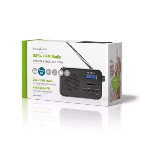 DAB+ Rádió | Hordozható kivitel | DAB+ / FM | 1.3 " | Fekete Kék Képernyő | Elemes Áramellátás / USB-áramellátású | Digitális | 3.6 W | Bluetooth® | Fejhallgató kimenet | Ébresztő óra | Alvás időzítő | IP20 | Fekete