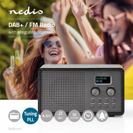 DAB+ Rádió | Asztali Kivitel | DAB+ / FM | 1.3 " | Fekete Fehér Képernyő | Elemes Áramellátás / USB-áramellátású | Digitális | 4.5 W | Bluetooth® | Ébresztő óra | Alvás időzítő | Fekete