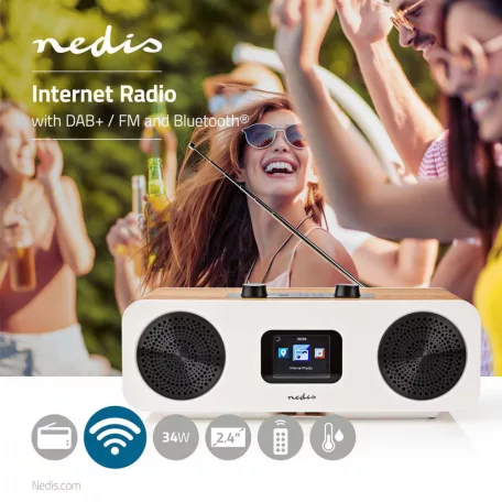 Internet Rádió | Asztali Kivitel | Bluetooth® / Wi-Fi | DAB+ / FM / Internet | 2.4 " | Színes Képernyő | 34 W | Távvezérelt | App szabályozott | Ébresztő óra | Alvás időzítő | Barna / Fehér