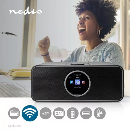 NEDIS Internet Rádió | Asztali Kivitel | Bluetooth® / Wi-Fi | FM / Internet | 2.4 " Színes Képernyő | 42 W | Távvezérelt  App szabályozott Fejhallgató kimenet | Ébresztő óra | Alvás időzítő | Fekete