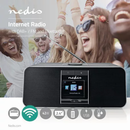 Internet Rádió | Asztali Kivitel | Bluetooth® / Wi-Fi | DAB+ / FM / Internet | 2.4 " | Színes Képernyő | 42 W | Távvezérelt | App szabályozott | Fejhallgató kimenet | Ébresztő óra | Alvás időzítő | Fekete
