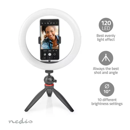 Gyűrűs Fény | 10 inch | 120 db. LED | 2700 - 6700 K | Háromlábú Állvány | Fekete