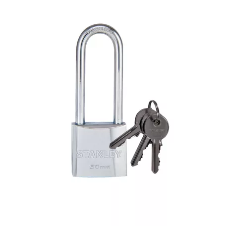 STANLEY S742-015 krómozott, tömör sárgaréz lakat, 30 mm, 3 kulcsos, hosszú kengyellel