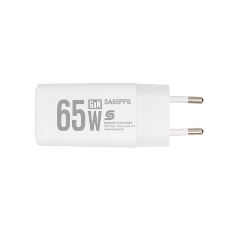 HOME SA65PPS USB hálózati szupergyors töltő, 65Watt, 2in1: USB-A + USB-C aljzat, QC + PD + PPS gyorstöltés, GaN technológia
