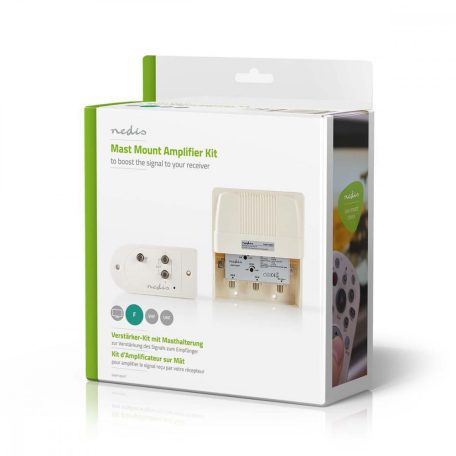 CATV erősítő | Nyereség: 25 dB | 174 - 694 MHz | Kimenő csatlakozók száma: 2 | Teljesítmény szabályzás | Fehér