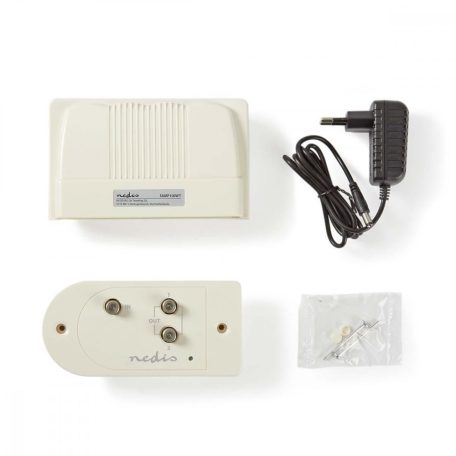 CATV erősítő | Nyereség: 25 dB | 174 - 694 MHz | Kimenő csatlakozók száma: 2 | Teljesítmény szabályzás | Fehér