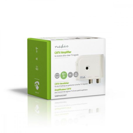 CATV erősítő | Nyereség: 15 dB | 50 - 694 MHz | Kimenő csatlakozók száma: 2 | Teljesítmény szabályzás | Fehér