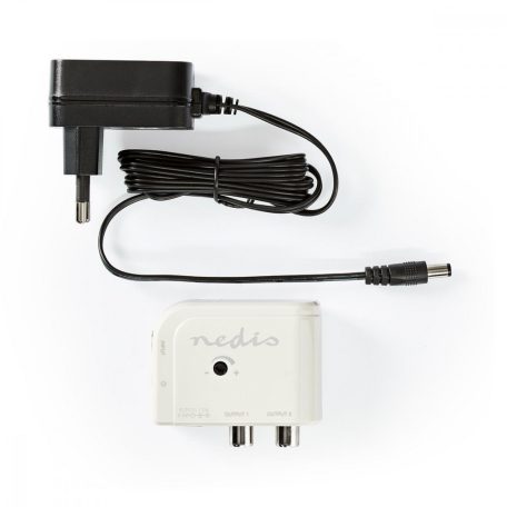 CATV erősítő | Nyereség: 15 dB | 50 - 694 MHz | Kimenő csatlakozók száma: 2 | Teljesítmény szabályzás | Fehér