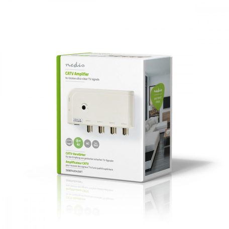 CATV erősítő | Nyereség: 10 dB | 50 - 694 MHz | Kimenő csatlakozók száma: 4 | Teljesítmény szabályzás | Fehér