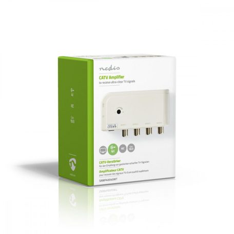 CATV erősítő | Nyereség: 10 dB | 50 - 694 MHz | Kimenő csatlakozók száma: 4 | Teljesítmény szabályzás | Fehér