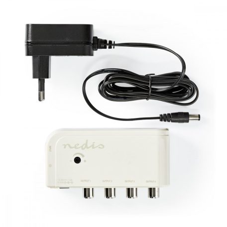 CATV erősítő | Nyereség: 10 dB | 50 - 694 MHz | Kimenő csatlakozók száma: 4 | Teljesítmény szabályzás | Fehér