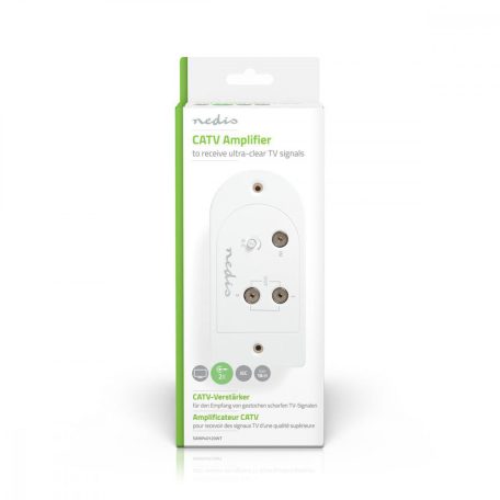 CATV erősítő | Nyereség: 18 dB | 40 - 862 MHz | Kimenő csatlakozók száma: 2 | Teljesítmény szabályzás | Fehér