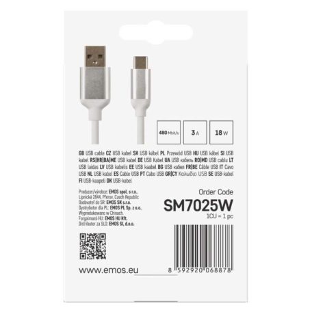 Töltő- és adatkábel USB-A 2.0 / USB-C 2.0, 1 m, fehér