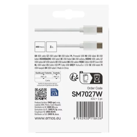 Töltő- és adatkábel USB-C 2.0 / USB-C 2.0, 1 m, fehér