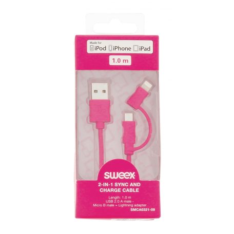 2 az 1-ben Szinkron és Töltő Kábel USB A Dugó - Micro B Dugasz 1.00 m Rózsaszín