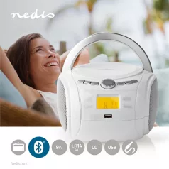   NEDIS CD-lejátszó Boombox | Elemes Áramellátás / Hálózati Áramellátás | Stereo | 9 W | Bluetooth® | FM | USB lejátszás | Hordozó fogantyú | Fehér