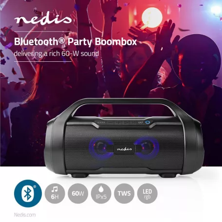 Bluetooth® Party Boombox | 6 óra | 2.0 | 120 W | Media lejátszás: AUX / Micro SD / USB | IPX5 | Összekapcsolható | Hordozó fogantyú | Party fények | Fekete