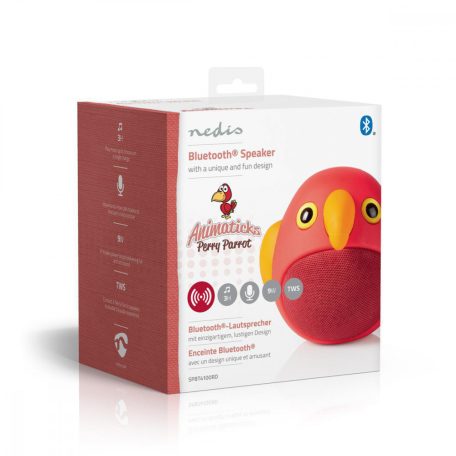 Bluetooth® hangszóró | Maximális akkumulátor lejátszási idő: 3 óra | Kézben Tartott Változat | 9 W | Mono | Beépített mikrofon | Összekapcsolható | Animaticks Perry Parrot | Piros