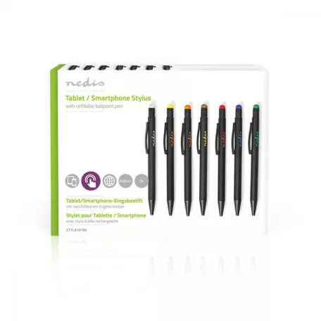 Érintő toll | Alkalmas erre: Okostelefon / Tablet | Gumi Vég | 7 db | Csiptetővel | Golyóstoll | Fekete