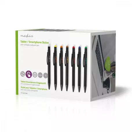 Érintő toll | Alkalmas erre: Okostelefon / Tablet | Gumi Vég | 7 db | Csiptetővel | Golyóstoll | Fekete