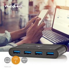   USB Többportos Adapter | USB 3.2 Gen 1 | USB-C™ Dugasz | 4x USB-A | Kerek | Nikkelezett | Fekete | Ablakos Doboz Euro Lock Zárral
