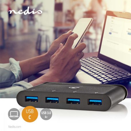 USB Többportos Adapter | USB 3.2 Gen 1 | USB-C™ Dugasz | 4x USB-A | Kerek | Nikkelezett | Fekete | Ablakos Doboz Euro Lock Zárral