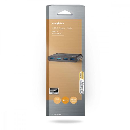 USB Többportos Adapter | USB 3.2 Gen 1 | USB-C™ Dugasz | 4x USB-A | Kerek | Nikkelezett | Fekete | Ablakos Doboz Euro Lock Zárral