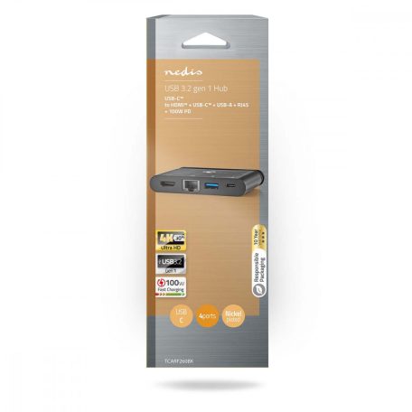 USB Többportos Adapter | USB 3.2 Gen 1 | USB-C™ Dugasz | HDMI™ Aljzat / RJ45 Aljzat / USB-A Aljzat / USB-C™ Aljzat | Kerek | Nikkelezett | Fekete | Doboz