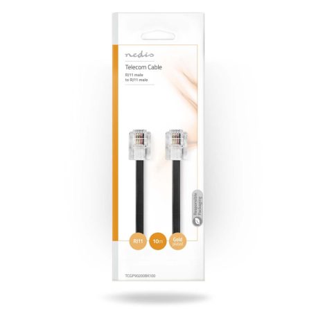 Telekommunikácós kábel | RJ11 Dugasz | RJ11 Dugasz | 10.0 m | Kábelkialakítás: Lapos | Fémbevonás: Aranyozott | Kábel típus: RJ11 | Fekete | Boríték